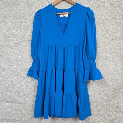 Pomander Place Kenzo Tiered Mini Dress Women S Blue Split Neck Long Sleeve