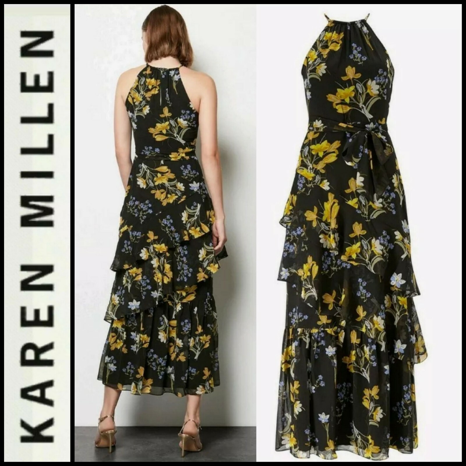 Pre-owned Karen Millen $450  Black Multi Floral Print Halter Chiffon Maxi Dress 8,8 M3020