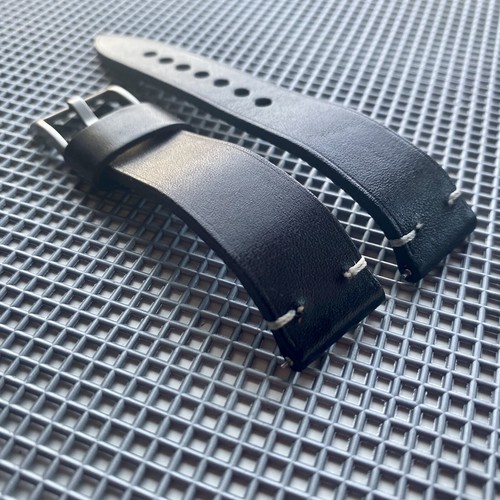 22mm ELEGANTE Designer BLACK Leather Watch Strap band WHITE Stitch
