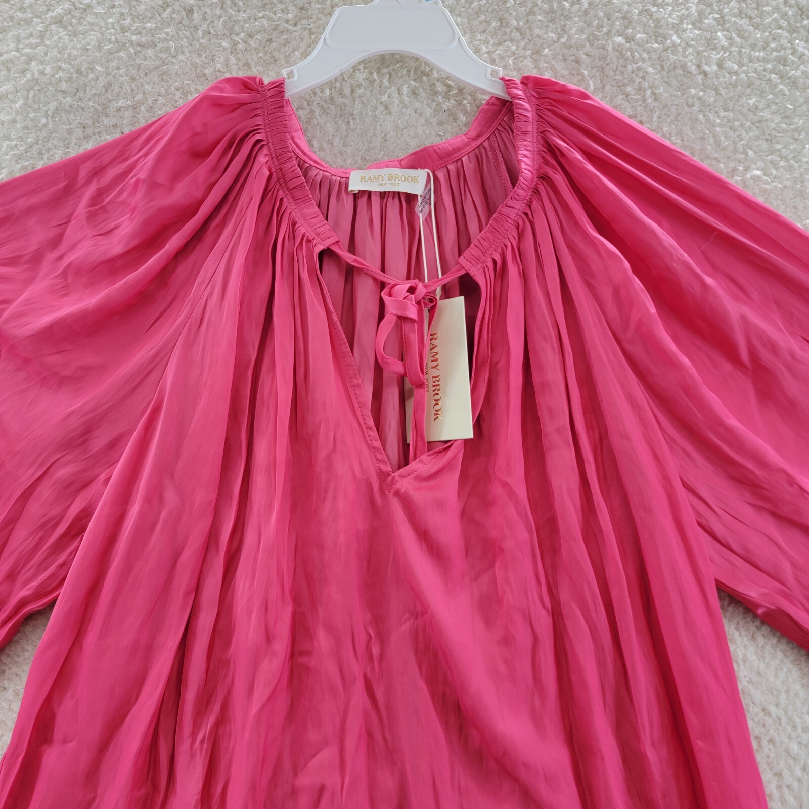 Ramy Brook Maty Balloon Sleeve Top Women's S Bright Pink V-Neck w/ Tie Pullover~ - Picture 2 of 12