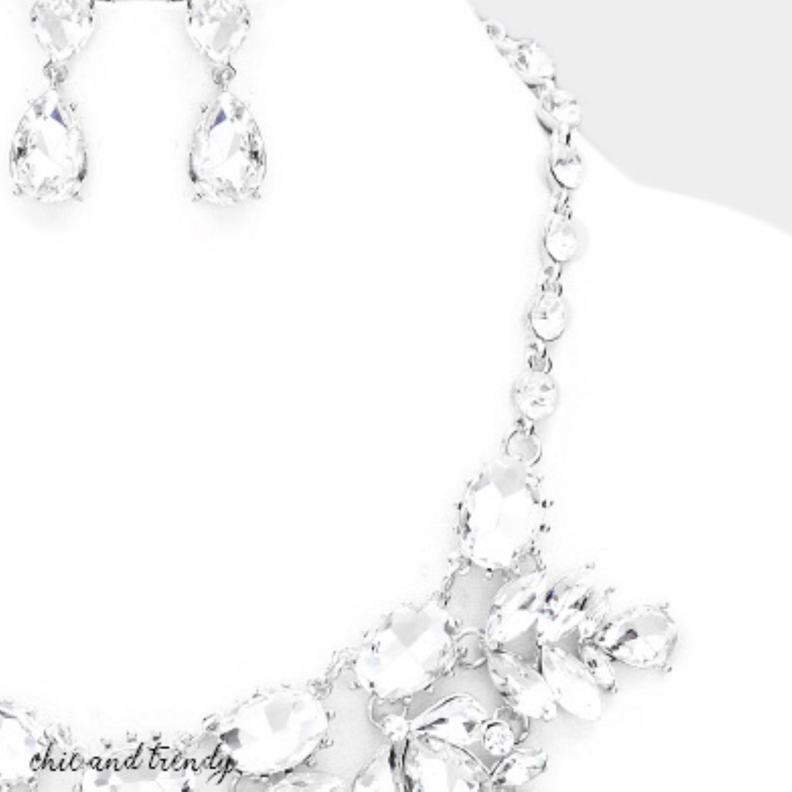 HIGH END CLEAR GLASS CRYSTAL CHUNKY WEDDING FORMAL NECKLACE JEWELRY SET TRENDY
