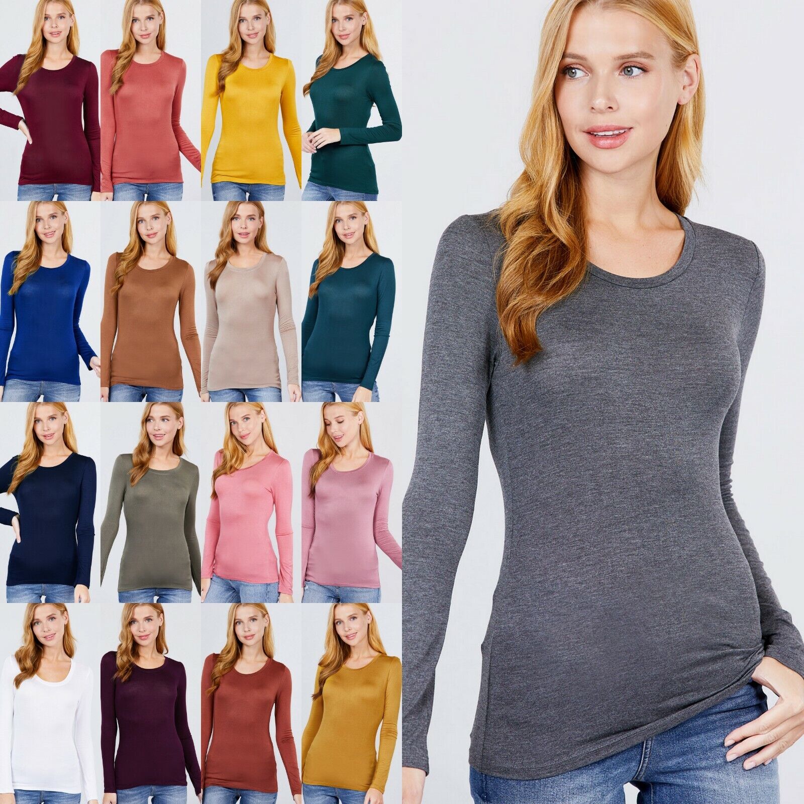 Round Neck Rayon Long Sleeve Top Soft Stretch Classic Plain Round Neck Rayon Long Sleeve Top Soft Stretch Classic Plain