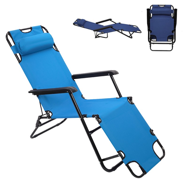 Lounge Chaise Folding Outdoor Patio  Beach Lawn Recliner With Pillow