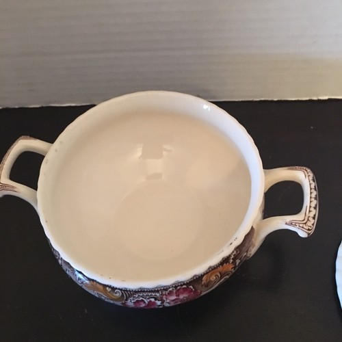 Johnson Brothers DEVONSHIRE England Brown Multicolor Sugar Bowl w/ Lid & Creamer