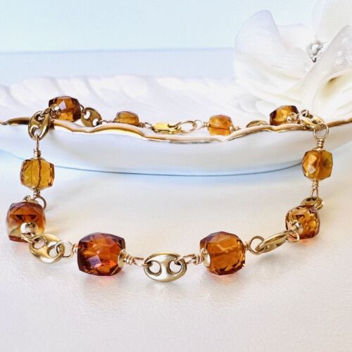 Solid 14k Yellow Gold Genuine Citrine Cube Station Bracelet, New 8.25” - Picture 9 of 11