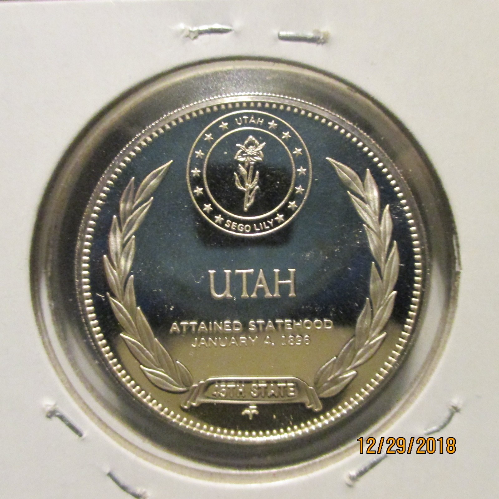 Franklin Mint Utah State .925 Sterling Silver Round Proof