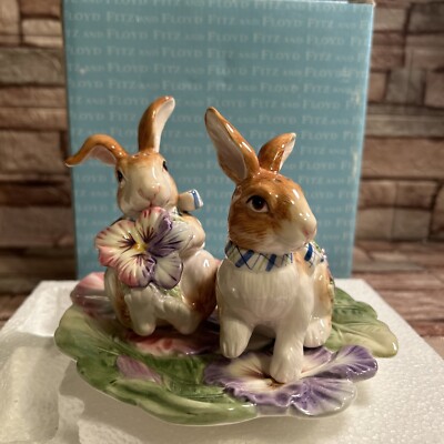 Fitz and Floyd Halcyon Bunny Rabbit Salt & Pepper with Floral Under Tray Unused