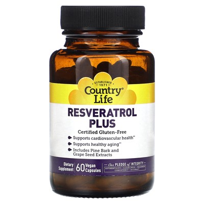 Country Life Resveratrol Plus 60 веганских капсул без глютена, гарантия качества GMP,