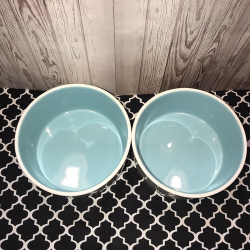 Rae Dunn NEW Set of 2 LL Dog Bowls “WOOF” & “BARK!” - Blue Inside