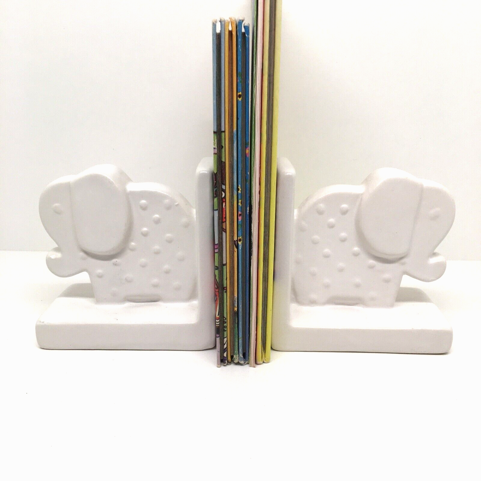 Adorable Elephant Bookends Ceramic Kids Nursery Baby Room Decor Modern White