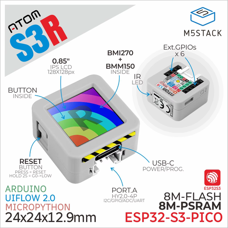 Official ATOMS3R Development Kit w/ 0.85-inch screen (8MB PSRAM)