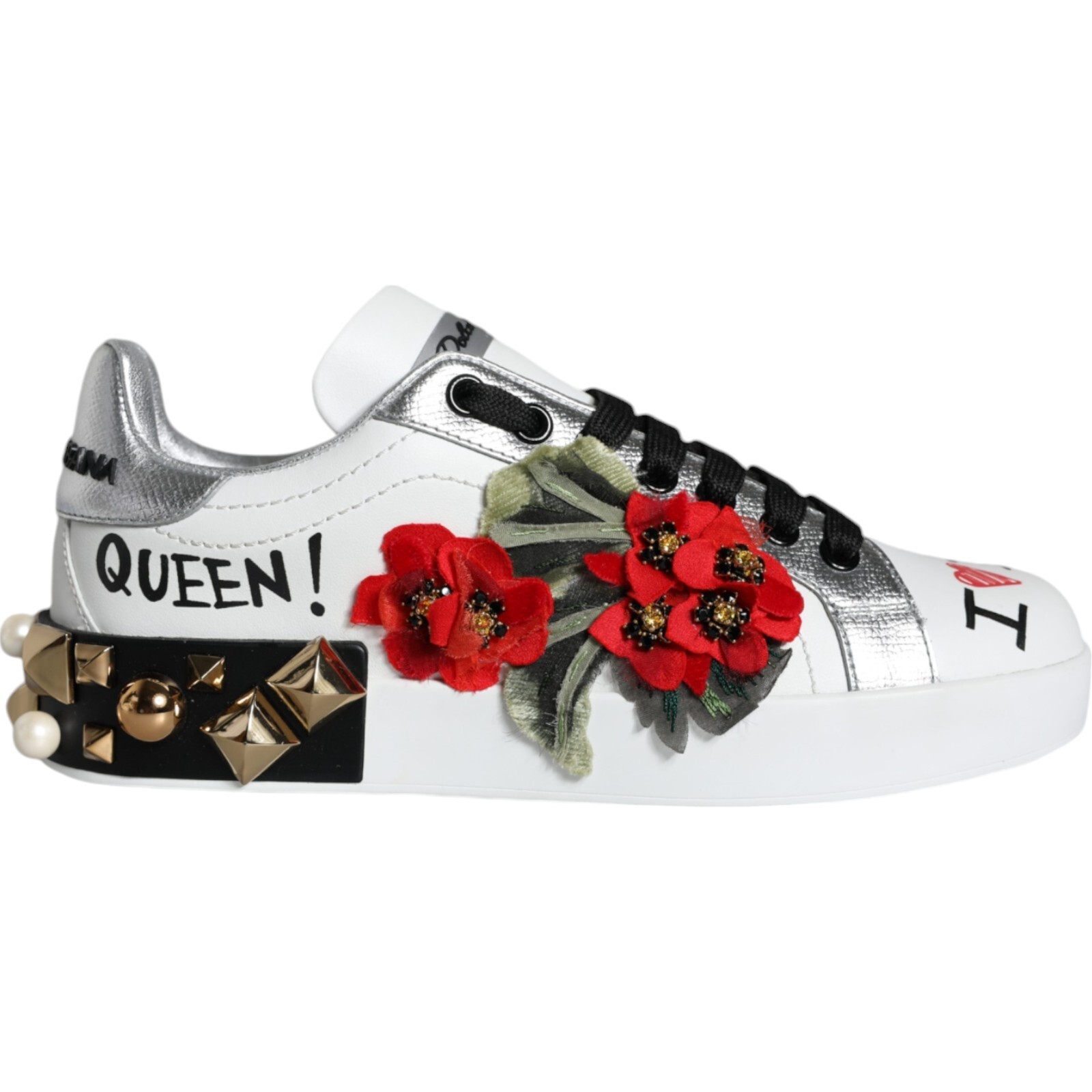 DOLCE & GABBANA Shoes White Leather Floral Studded Sneakers DOLCE & GABBANA Shoes White Leather Floral Studded Sneakers