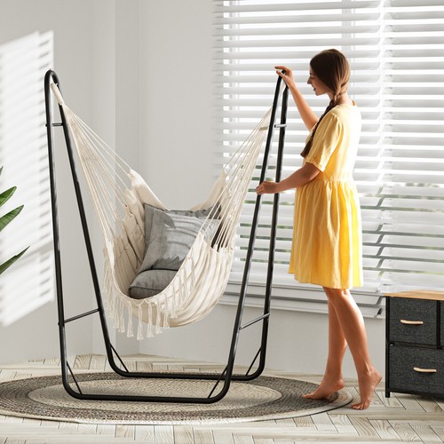 TAUS Macrame Rope Swing Chair Hanging Hammock Chair w/ Stand Indoor outdoor