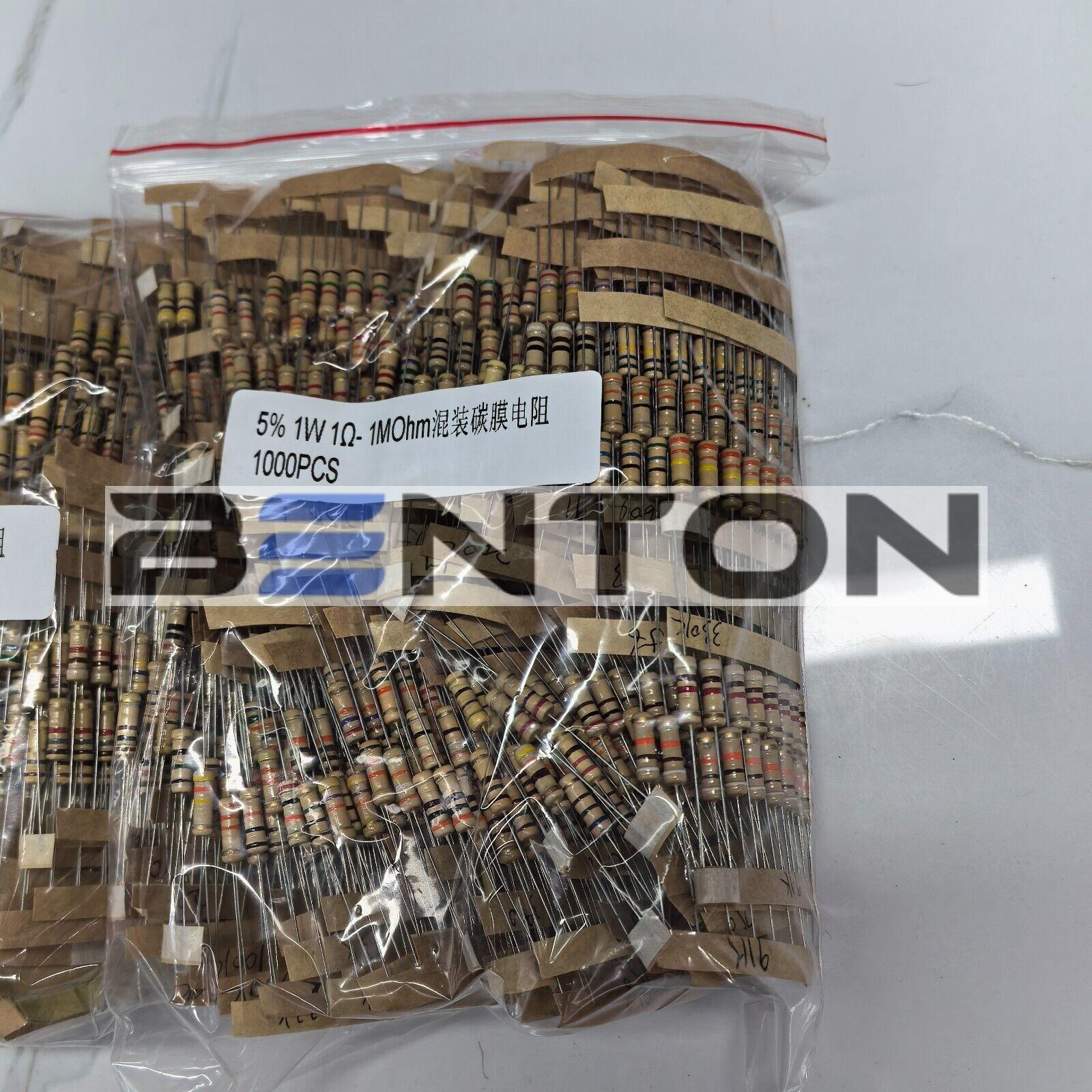 5% 1000Pcs 1W 100 Values 1Ω - 1MΩ Assorted Carbon Film Resistors Assortment Kit