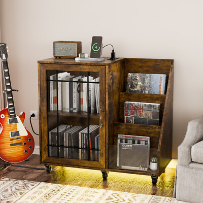 Record Shelf Stereo Cabinet Player Stand Table with Power Outlet & LED Light