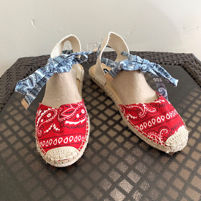 Nine West women s Meow Bandana Espadrille sandals red blue size 10
