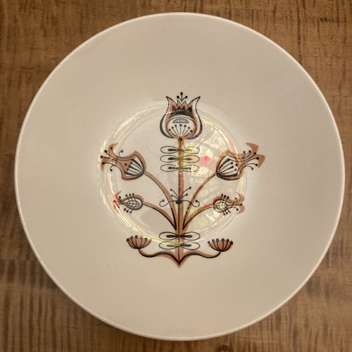 Retro Mid Century Round Serving Bowl 9 " Gold Black Leaf Flower Tree