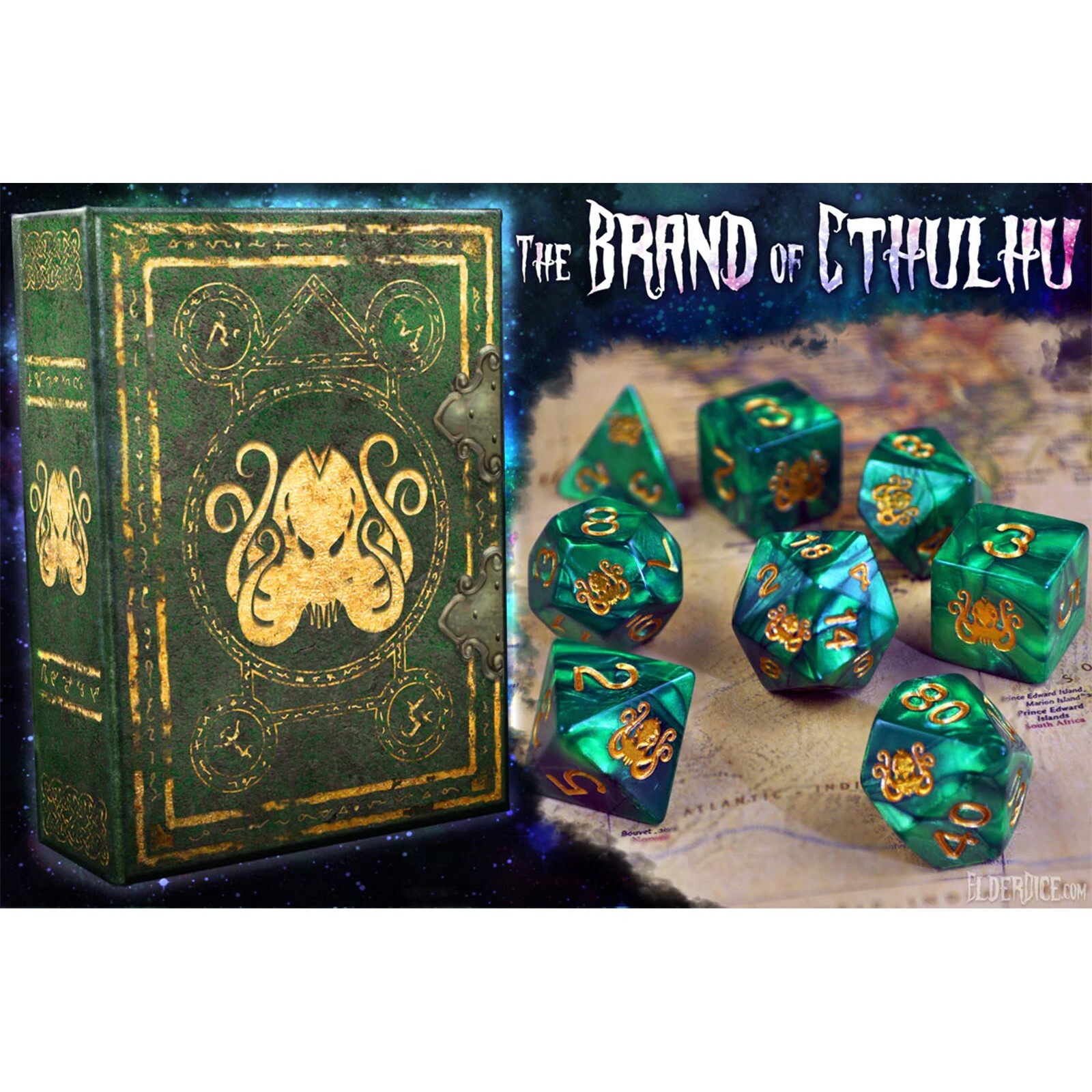 Набор из 9 многогранных кубиков Elder Dice Торговой марки Cthulhu Drowned Green НОВЫЙ В НАЛИЧИИ
