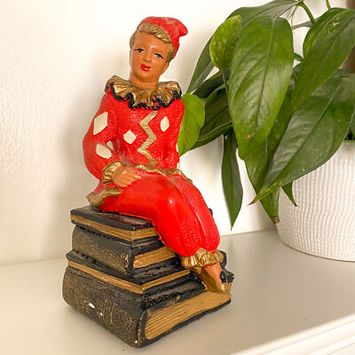 Vintage Red French Pierrot Harlequin Chalk Ware SINGLE BOOKEND Signed 1953
