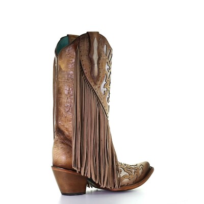 Pre-owned Corral Boots Corral Ladies Saddle Brown Lamb Inlay Embroidery & Fringe Boots C3766