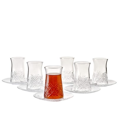 Pasabahce Crystal Turkish Tea Glasses and Saucers Set of 12 Turkish Tea Cup S...
