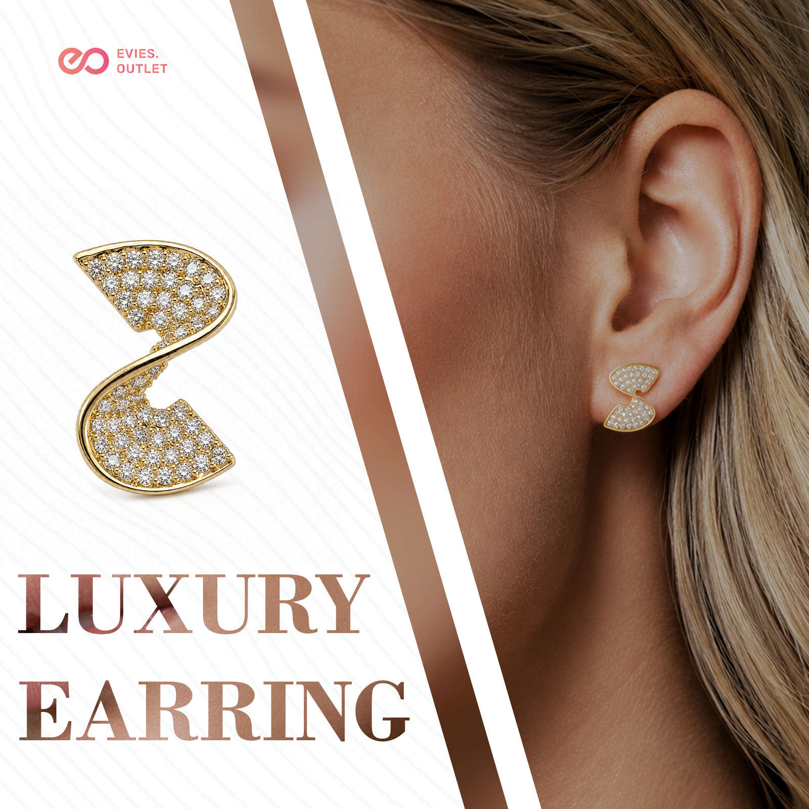 Gold Crystal S Curve Stud Earrings Sparkly Rhinestone Statement Jewellery Gift