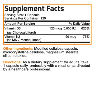 Vitamin K2 (MK7) w/ D3 Bone & Heart Health Non GMO & Gluten Free Easy to Swallow