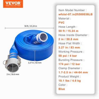 VEVOR Discharge Hose 2"x 50' PVC Lay Flat Hose Backwash Drain Hose w/ Camlock