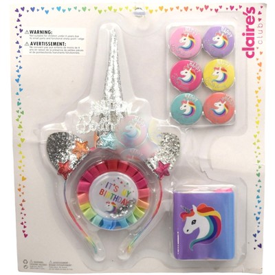 Claires Its My Birthday Pack Set Unicorn Themed Headband Buttons Sash 9 Pieces