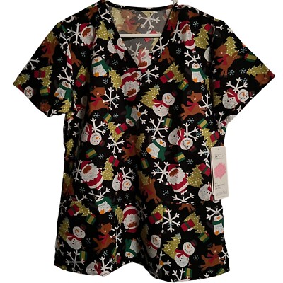 MicroFlex By Elite Med Christmas Print Black Short Sleeve Scrub Top Size M