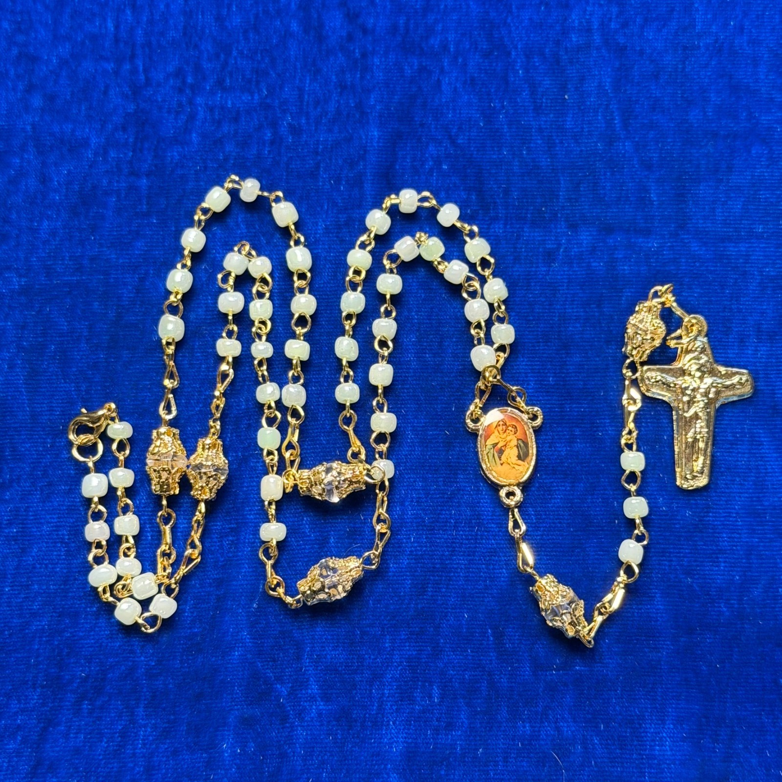 Catholic Rosary Necklace Gold Tone Iridescent White Glass Beads Madonna Center