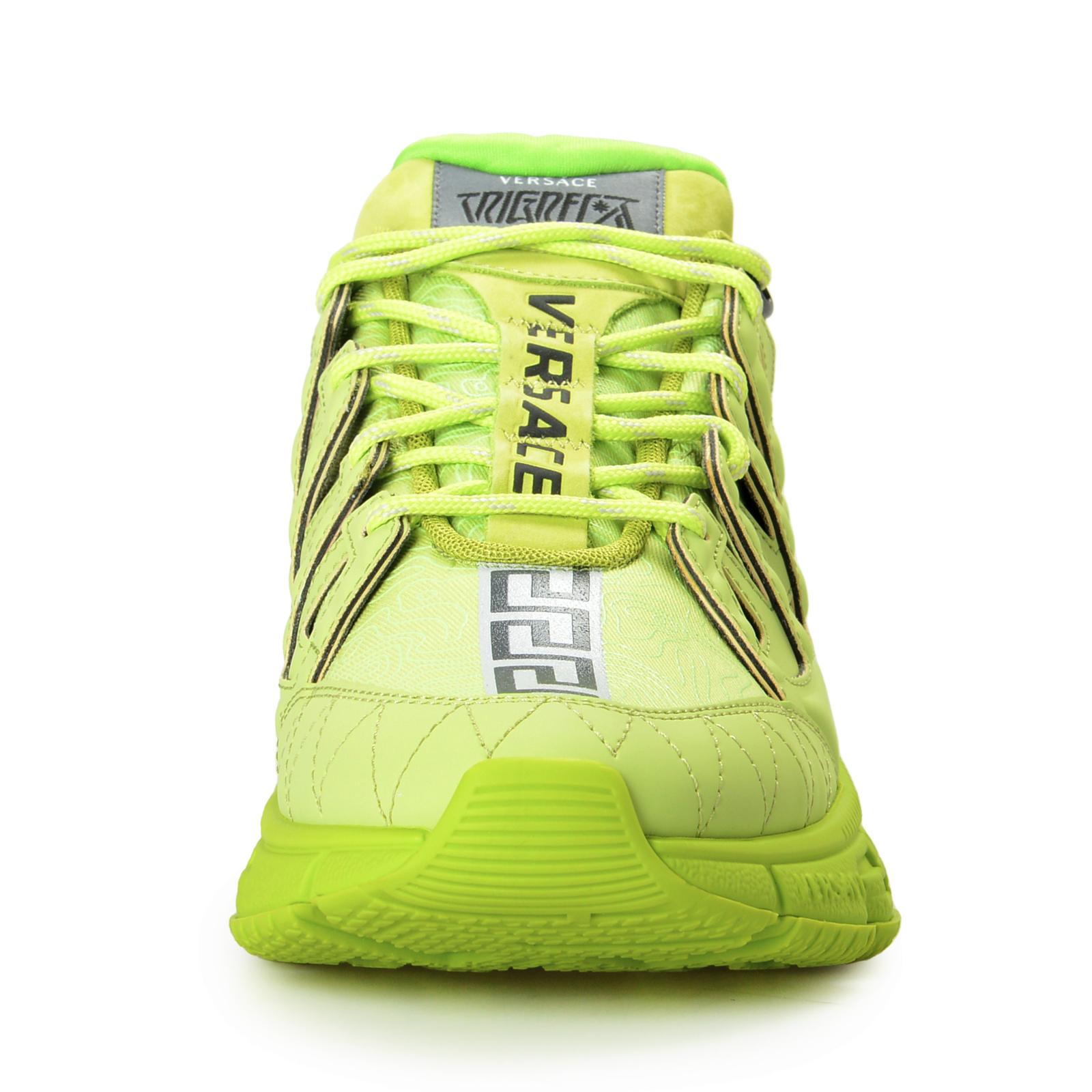 Pre-owned Versace Men's Trigreca Lime Green Leather Canvas Logo Sneakers Shoes