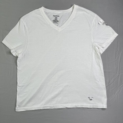 True Religion T Shirt Mens Large White Silver Graphic V Neck