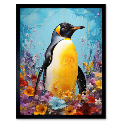King Penguin in Colourful Floral Flowers Nest Colourful Framed Art Print 9X7"
