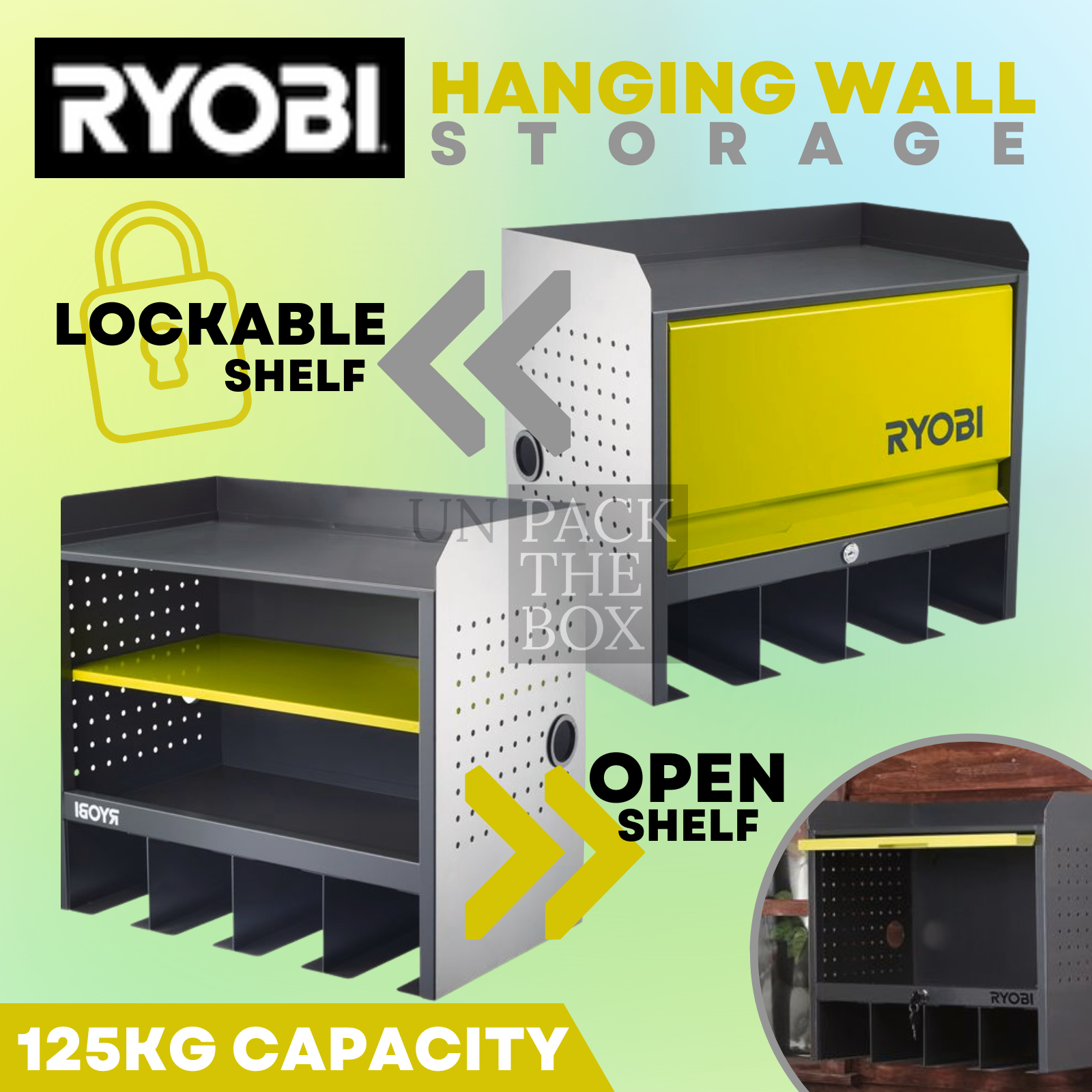 Ryobi Hanging Wall Tool Storage Open Shelf Lockable All Steel Peg Holes Store