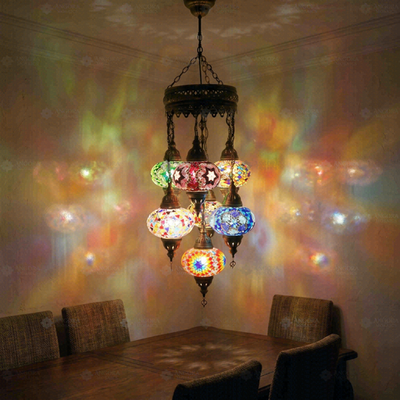 Multicolor Turkish Mosaic Chandelier - 7 Globe Handmade Moroccan Hanging Lamp