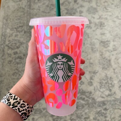 Starbucks Cup with Pink/Orange Iridescent Leopard Print Cold Cup Reusable - 