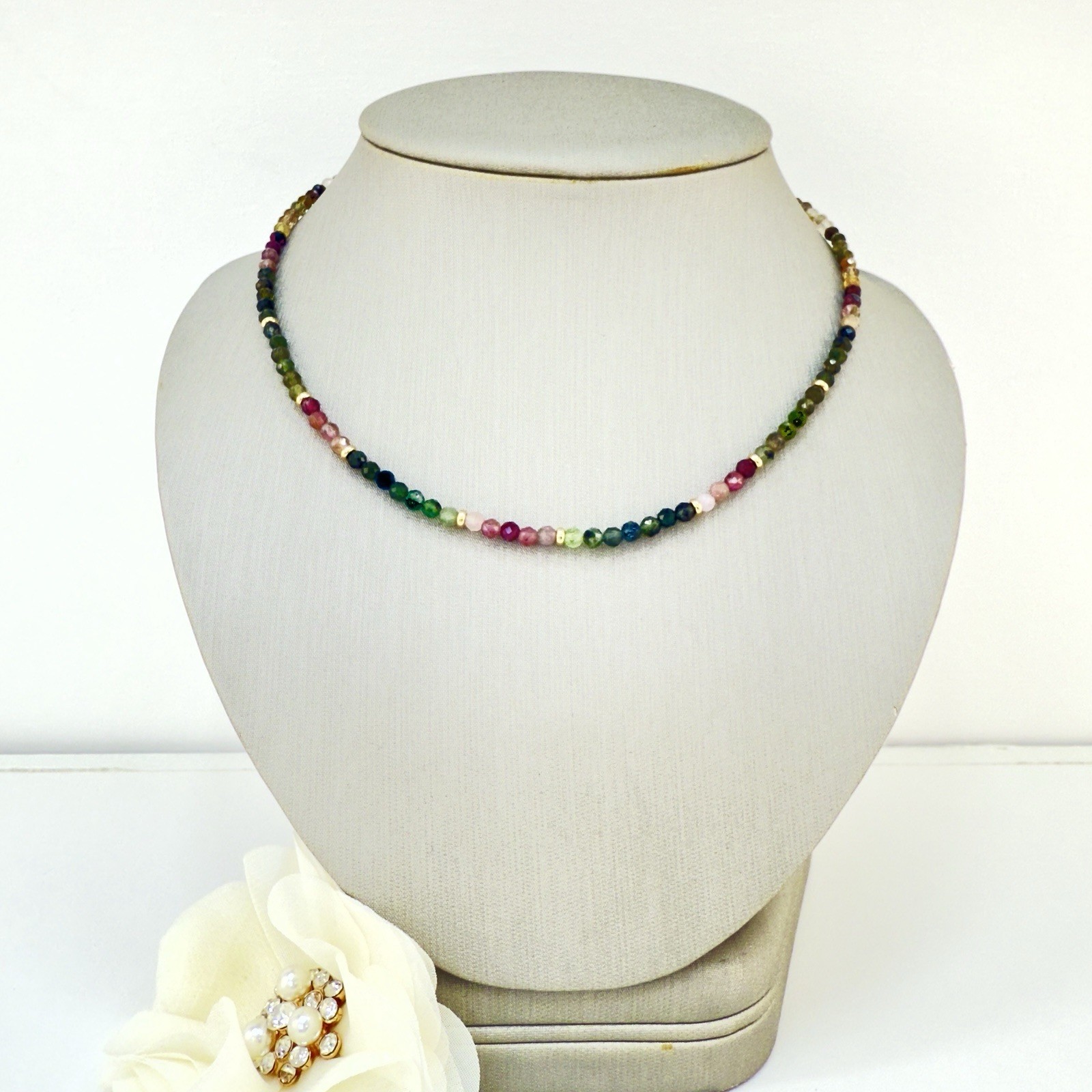 14k Yellow Gold Multicolor Tourmaline Bead Necklace, New 16