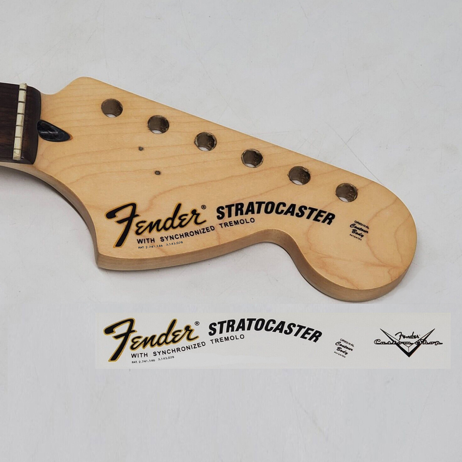 Fender 70's Strat Waterslide Guitar Headstock Decals with CS Logo (Set of 2)