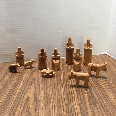 Vintage Hand Carved Primitive Wooden Nativity Christmas Figures Set - 12 Pcs