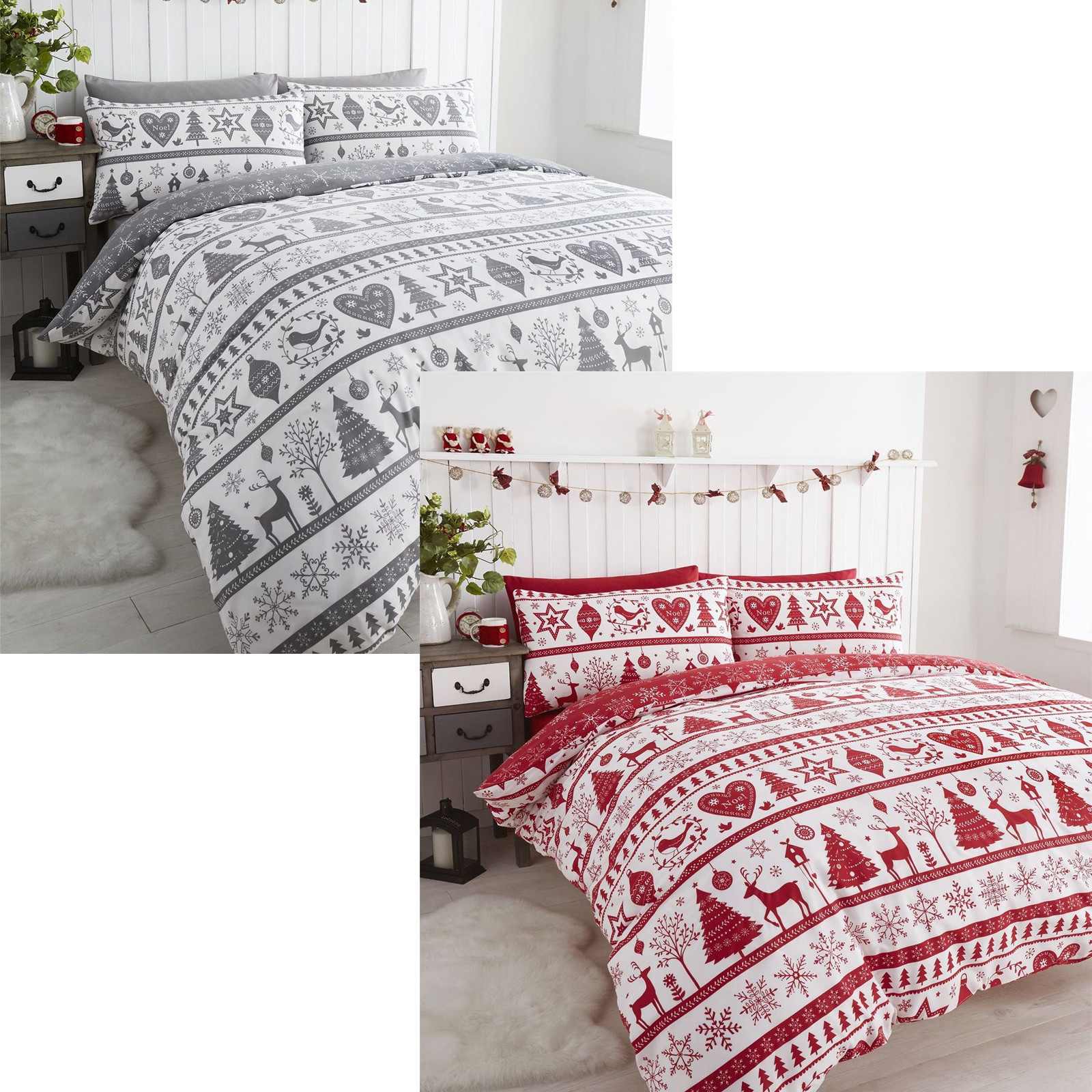 Christmas Noel Symbols Reversible Duvet Cover Quilt Cover Set Red