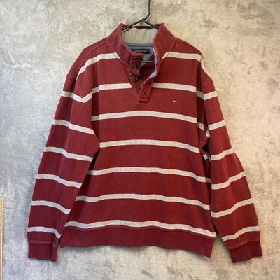 Tommy Hilfiger Mens XXL Burgundy Striped Mock Neck Button Pullover Sweater