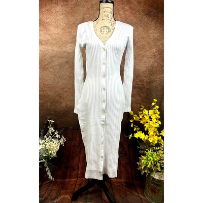 Pre-owned Lita By Ciara Icon Rib V Neck Cardigan Button Front Midi Dress - White - Size M