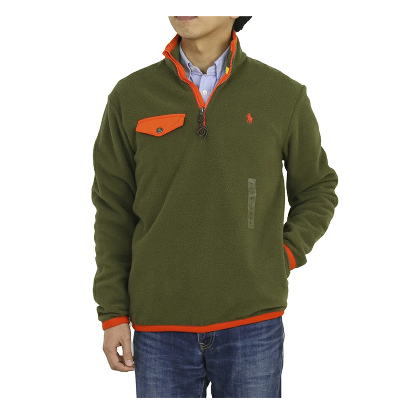 Пуловер Polo Ralph Lauren из флиса с 1 карманом - Оливковый с оранжевой отделкой -