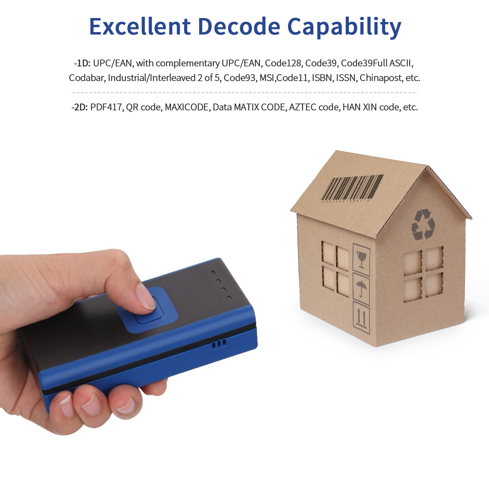 Handheld 1D 2D QR Mini Barcode Scanner 3-in-1 BT & 2.4G Wireless & USB Wired Bar