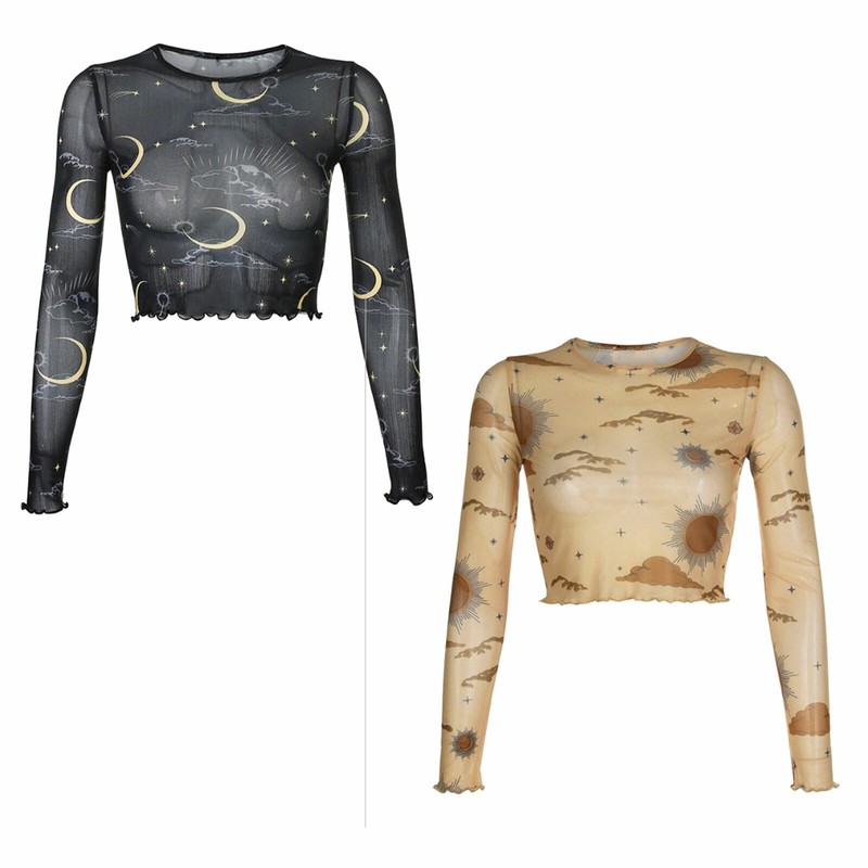 Women's Mesh Sheer See-through Top Sun Moon Print Long
