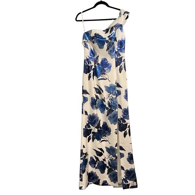 Black Halo Eve Dolan One Shoulder Gown Size 8 White Blue Brushed Floral Fitted