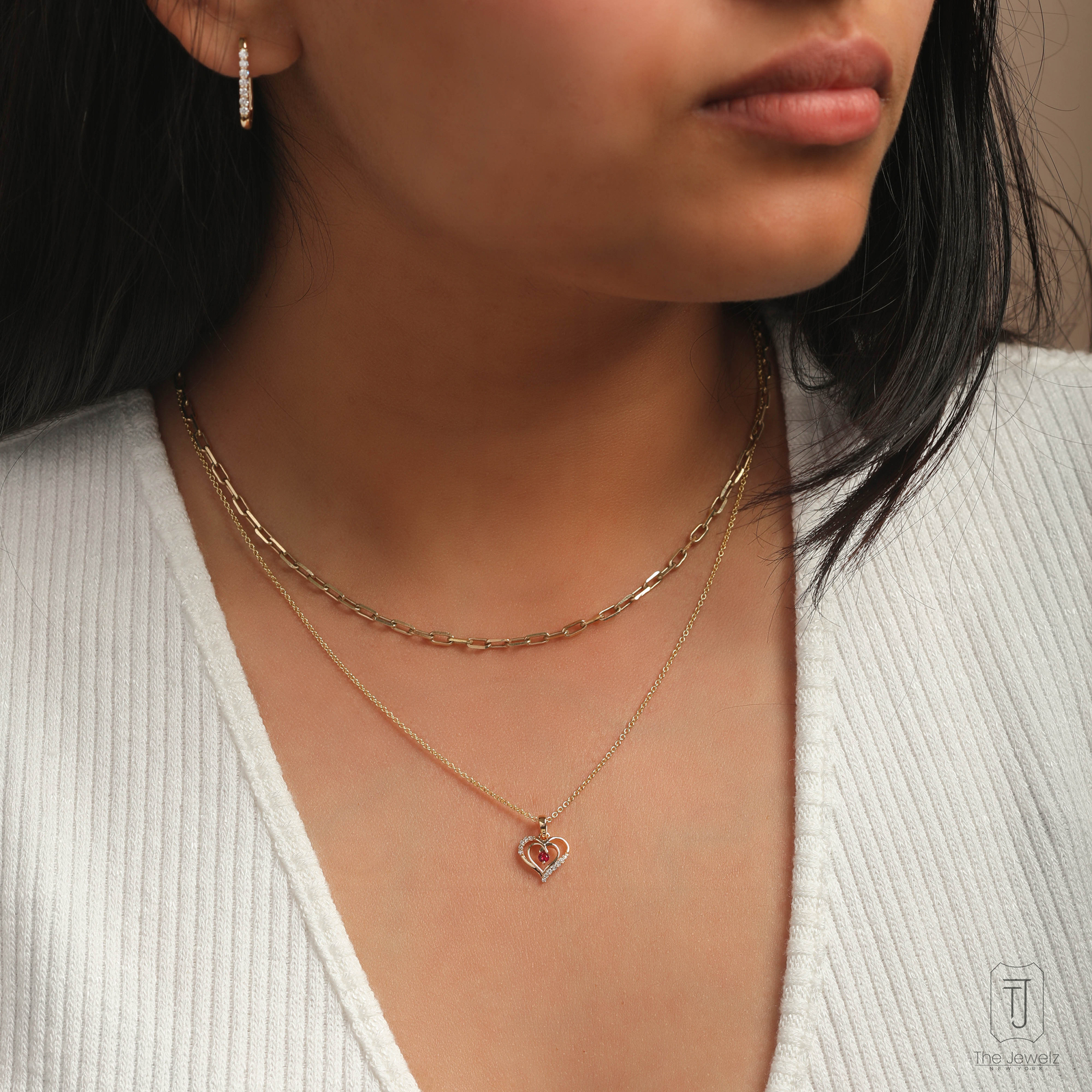 14K Gold Diamond And Ruby Double Heart Valentine's Day Love You Forever Necklace