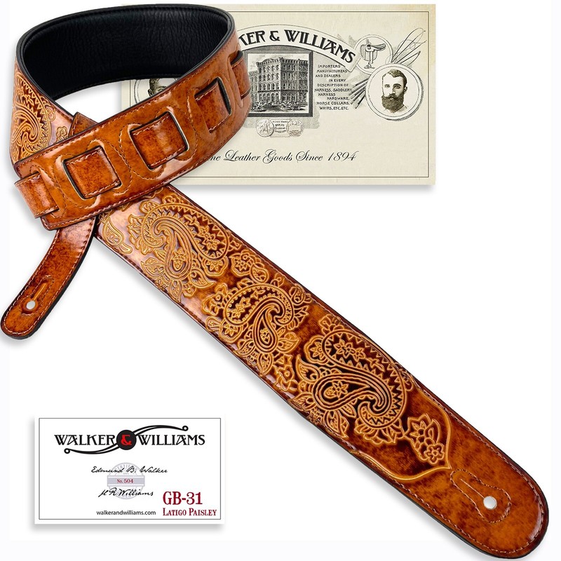 Walker & Williams GB-31 Latigo Tan Padded Leather Strap with Vintage Paisley