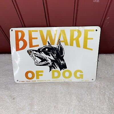 Vintage Beware Of Dog Metal Sign Date 1981. 9”x 6”Doberman Fangs Teeth Graphics.